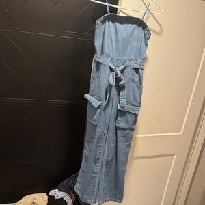 Sincerely Jules Strapless Denim Jumpsuit w/ Tie Waist – Size Small